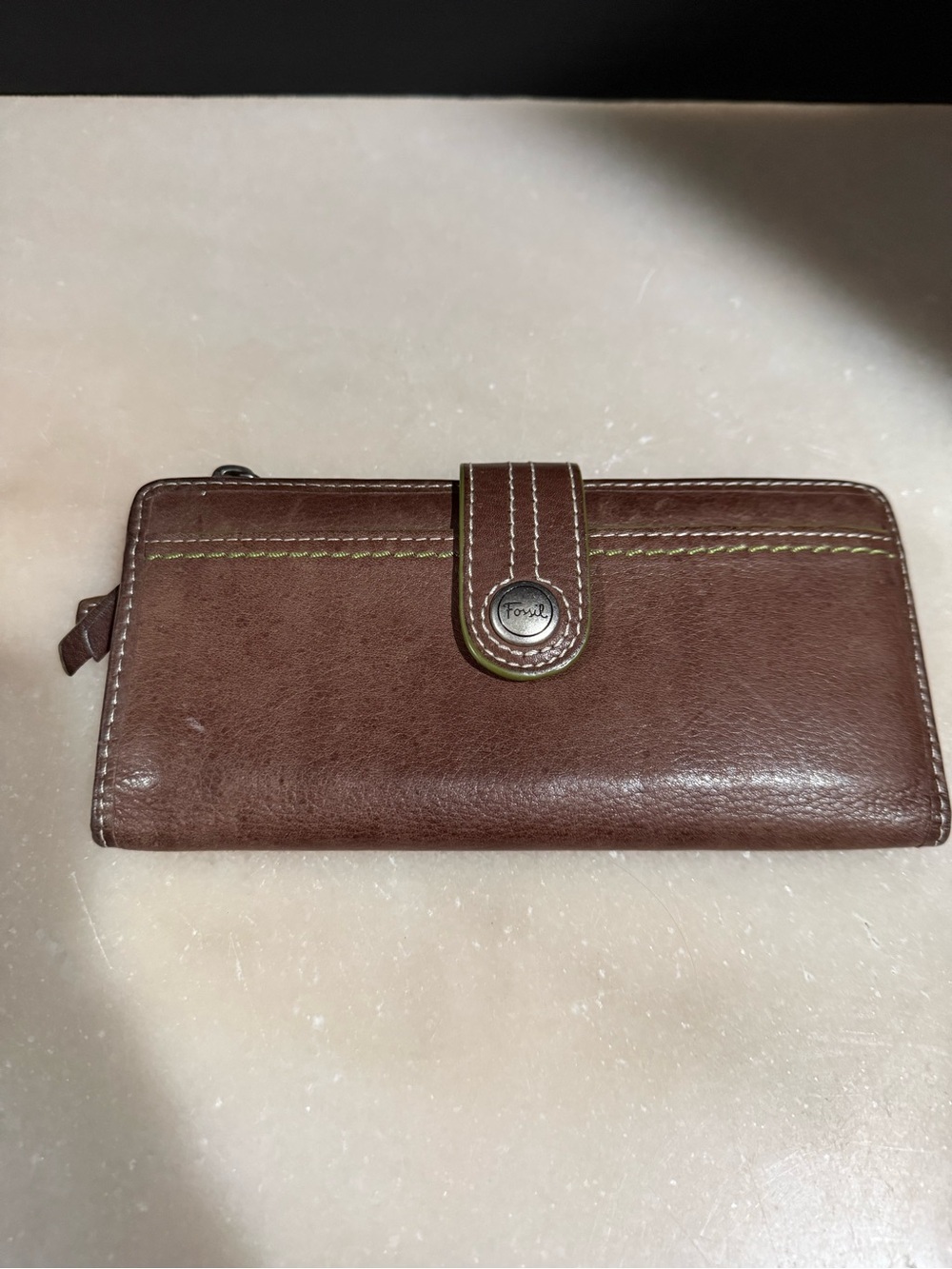 Fossil Brown Leather Snap-Tab Zip Wallet
